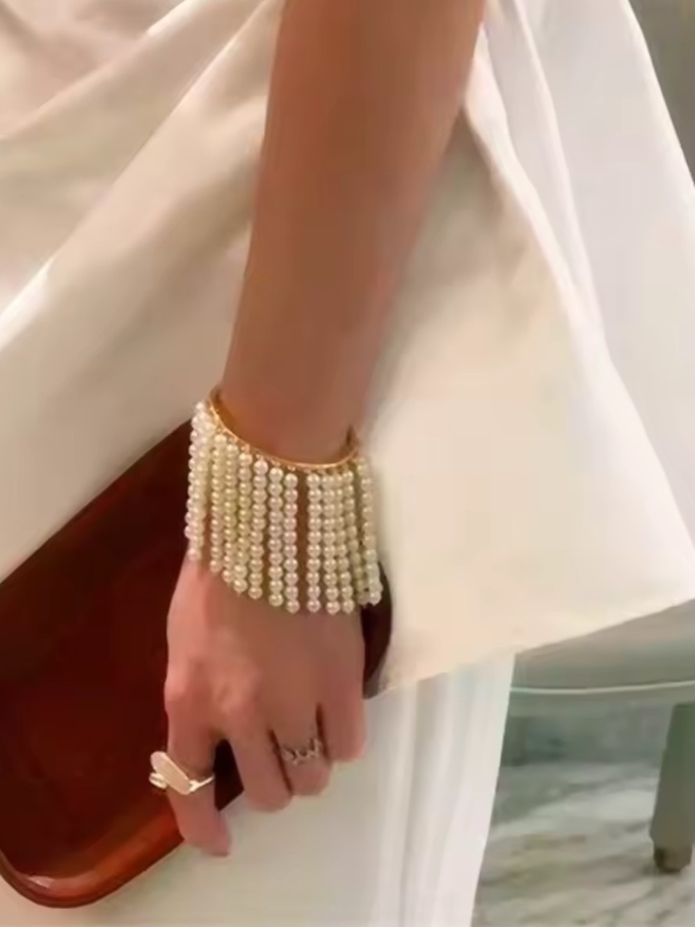 Coastal Heiress Pearl Fringe Cuff Bangle Bracelet